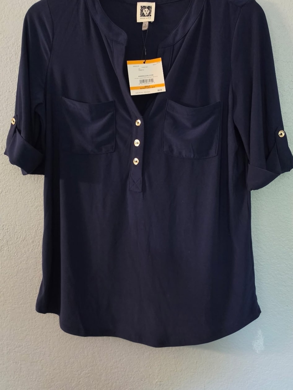 Anne Klein Navy Henley Blouse with Chest Pockets